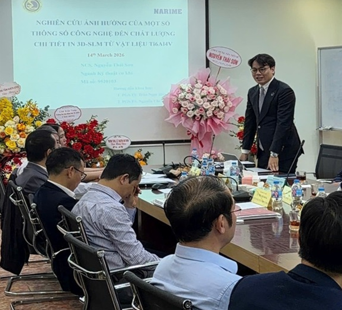 Thông tin Lễ bảo vể LATS cấp Viện, đề tài:"Nghiên cứu ảnh hưởng của một số thông số công nghệ đến chất lượng chi tiết in 3D-SLM từ vật liệu Ti6Al4V" của NCS Nguyễn Thái Sơn