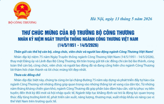 Bộ trưởng Lê Mạnh Hùng gửi thư chúc mừng nhân kỷ niệm 75 năm Ngày Truyền thống ngành Công Thương Việt Nam